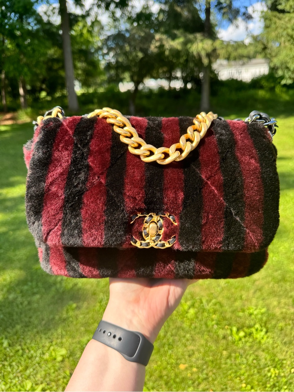 CHANEL 19 Shearling - Burgundy and Black Striped